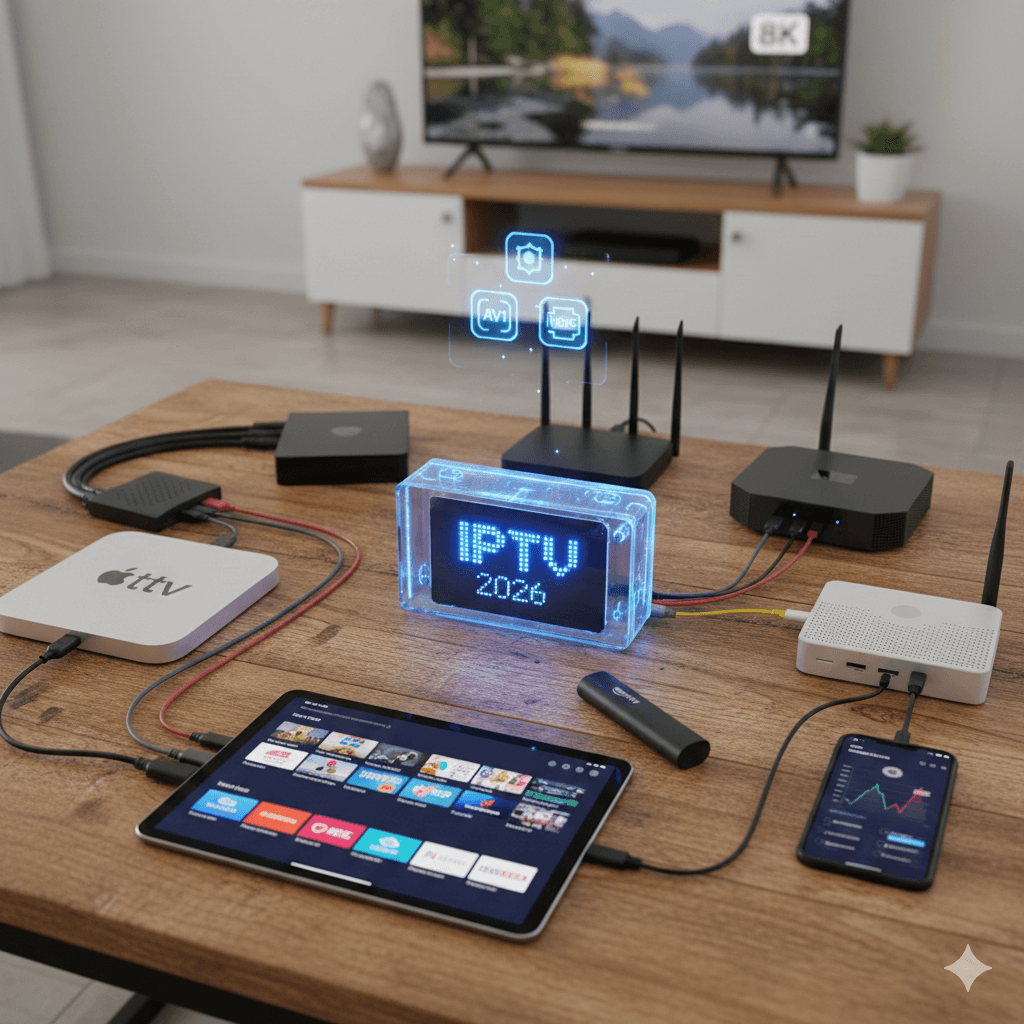 Comparativo de dispositivos de streaming e TV Boxes compatíveis com IPTV em 2026 sobre uma mesa técnica