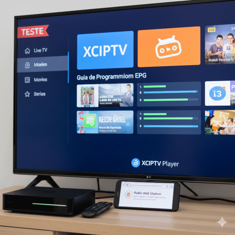 Interface do aplicativo XCIPTV em uma Smart TV com TV Box e smartphone."