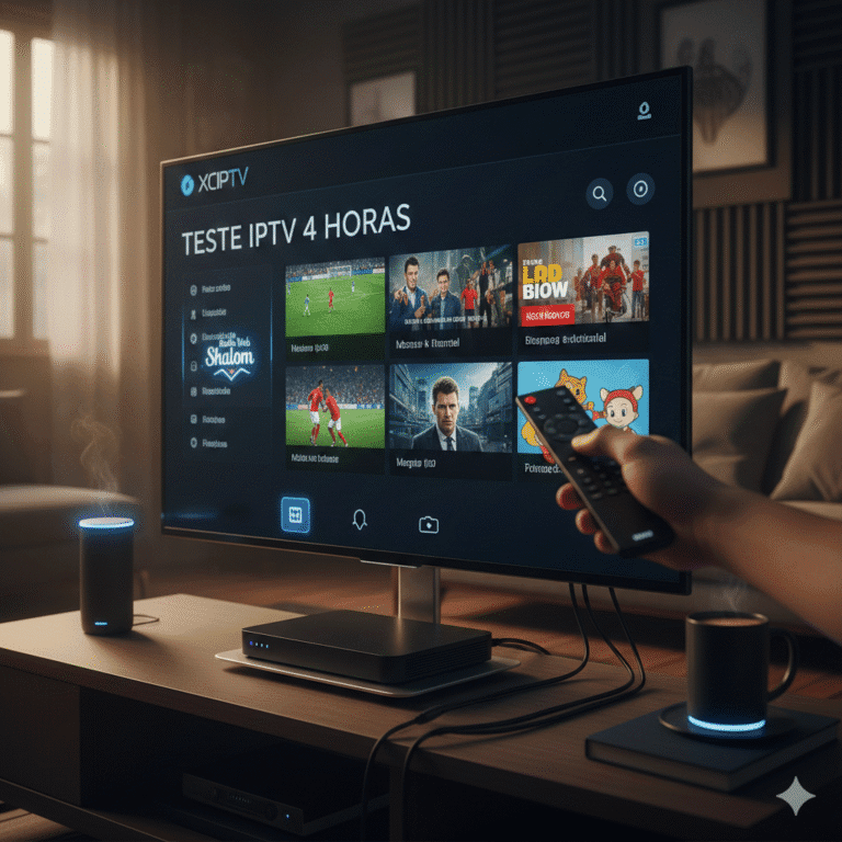 Interface do aplicativo XCIPTV em uma Smart TV para teste de 4 horas.