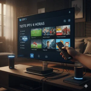 Interface do aplicativo XCIPTV em uma Smart TV para teste de 4 horas.