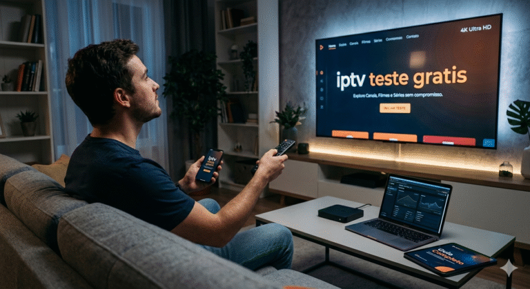 Homem em uma sala moderna testando serviço de IPTV em uma Smart TV 4K com a frase "iptv teste grátis" na tela, segurando um controle remoto e smartphone.