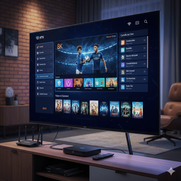 Interface de usuário de um sistema IPTV em uma Smart TV 4K exibindo menu de canais ao vivo e filmes em uma sala moderna.
