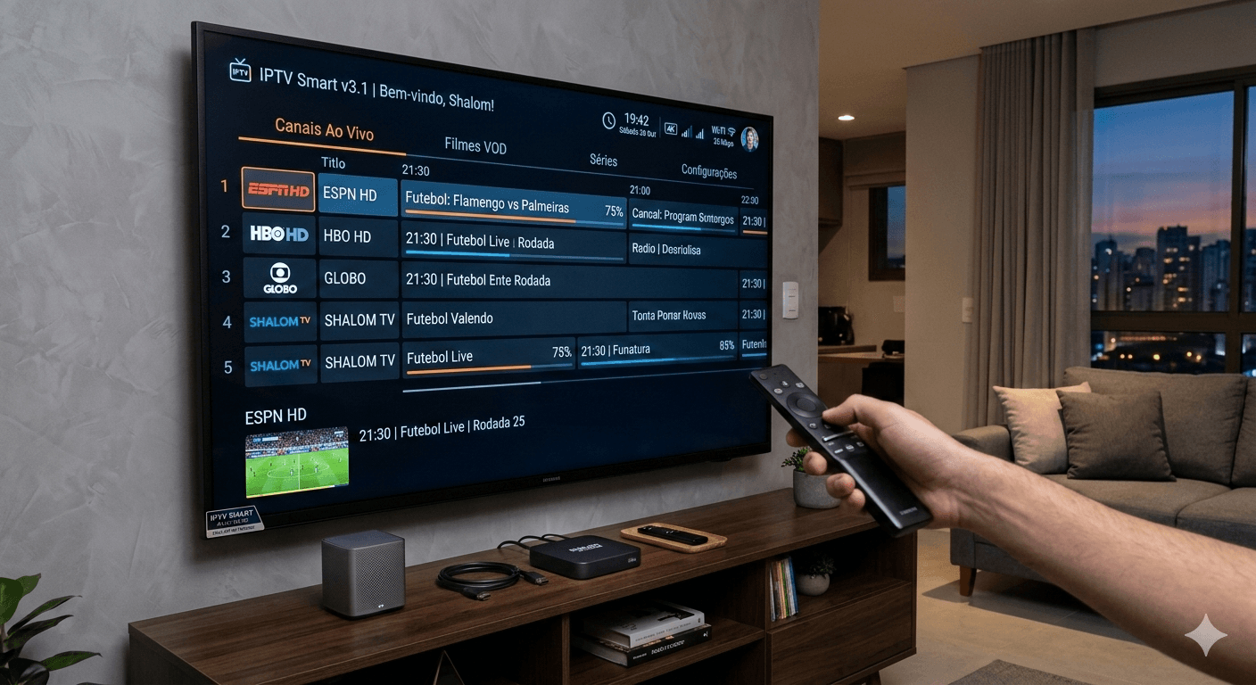 Visualização de um sistema IPTV Smart moderno configurado para alta performance e navegabilidade fluida.