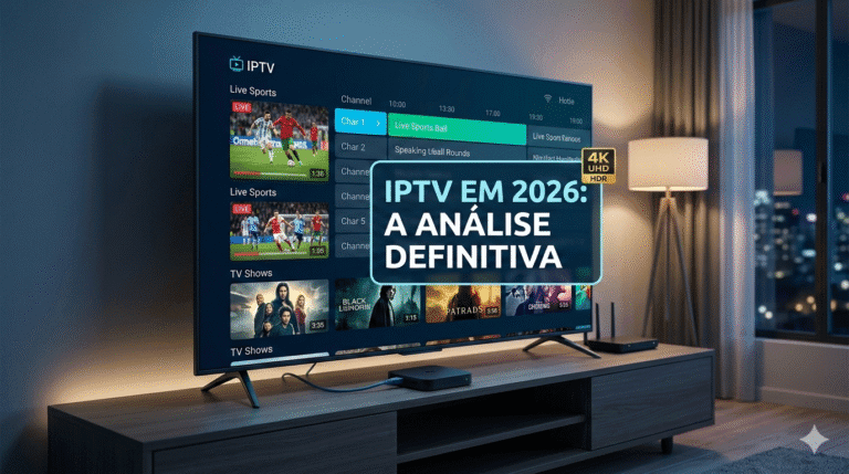 Interface de Smart TV moderna exibindo aplicativo de IPTV TV em 4K com guia de programação e filmes VOD, análise técnica 2026.