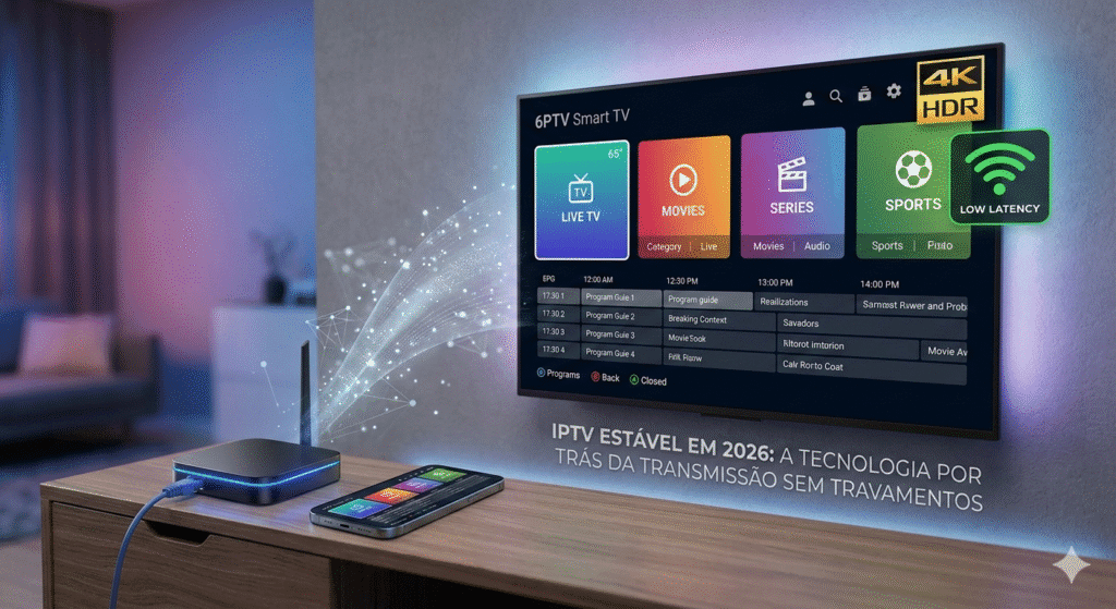 "Sala de estar moderna com Smart TV exibindo interface de IPTV organizada em 4K, com ícone de baixa latência e 5G em destaque. Ao lado, uma TV Box premium conectada via cabo de rede azul e um smartphone sincronizado, ilustrando estabilidade e tecnologia de ponta."