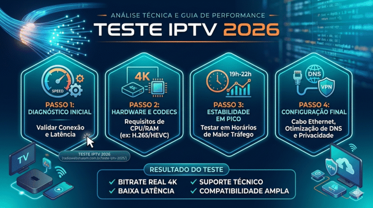 "Infográfico técnico sobre Teste IPTV 2026 detalhando passos de diagnóstico de rede, requisitos de hardware H.265, horários de pico e configurações de DNS e VPN."