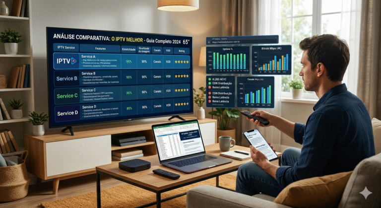 "Analista técnico comparando diferentes serviços de IPTV em uma Smart TV com gráficos de taxa de bits e tempo de atividade, demonstrando como escolher o melhor iptv."