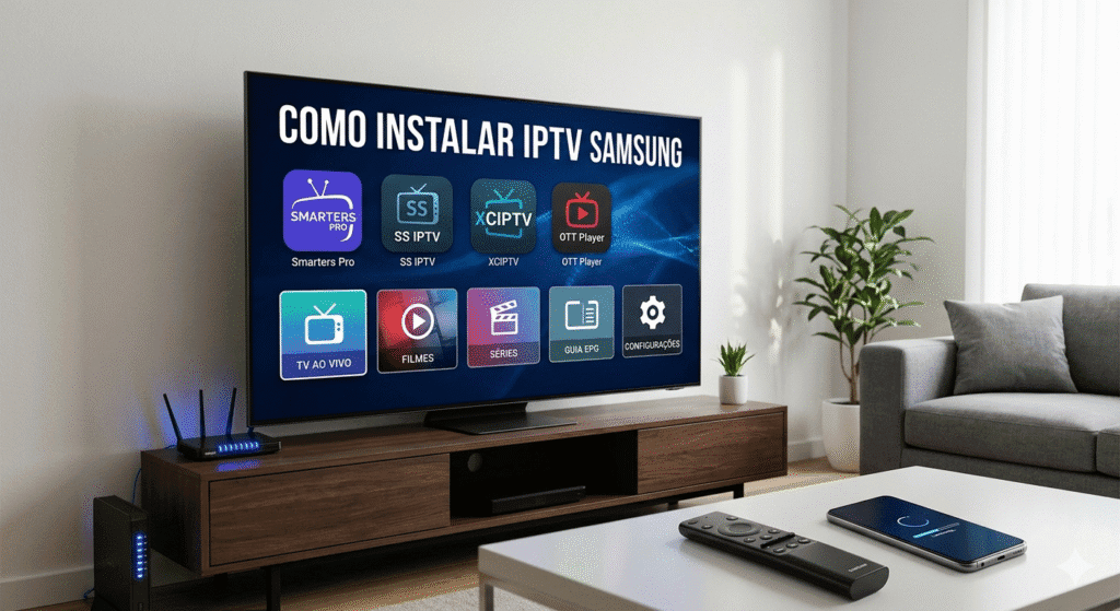 Interface da Smart TV Samsung exibindo ícones de aplicativos IPTV como Smarters Pro, XCIPTV e SS IPTV em uma sala de estar moderna."