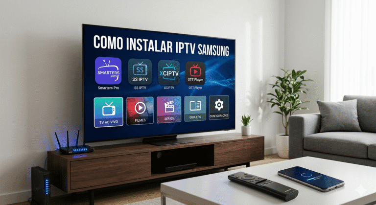 Interface da Smart TV Samsung exibindo ícones de aplicativos IPTV como Smarters Pro, XCIPTV e SS IPTV em uma sala de estar moderna."