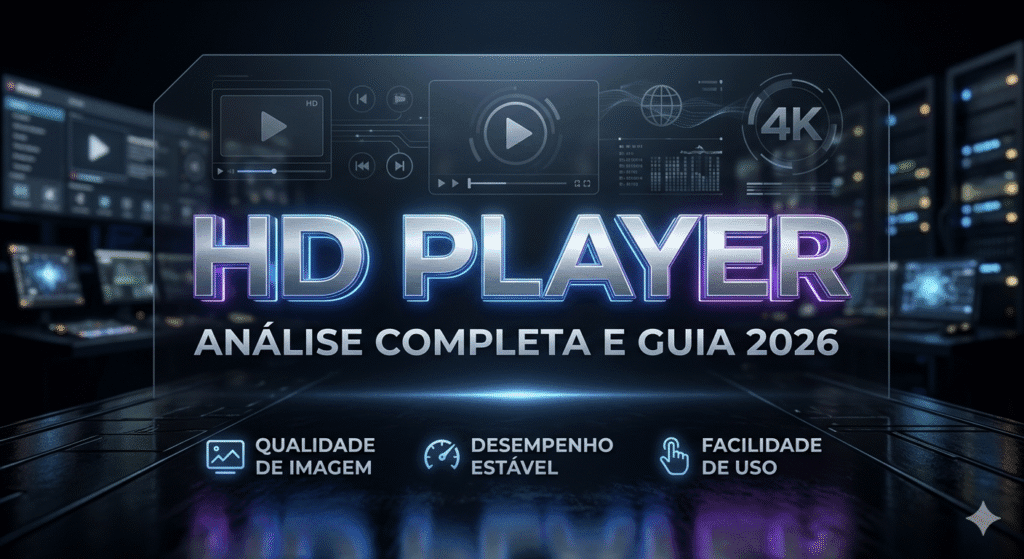 "Interface tecnológica do aplicativo HD Player em uma tela de alta definição, destacando qualidade de imagem 4K e desempenho estável para 2026."