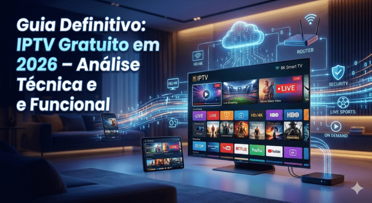 Infográfico de arquitetura de rede IPTV conectando Smart TV, TV Box e nuvem em ambiente doméstico moderno.