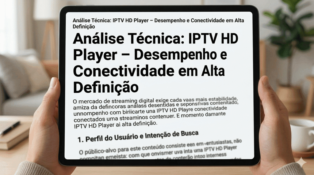 Tablet exibindo um artigo técnico sobre IPTV HD Player com gráficos de desempenho e interface de usuário.