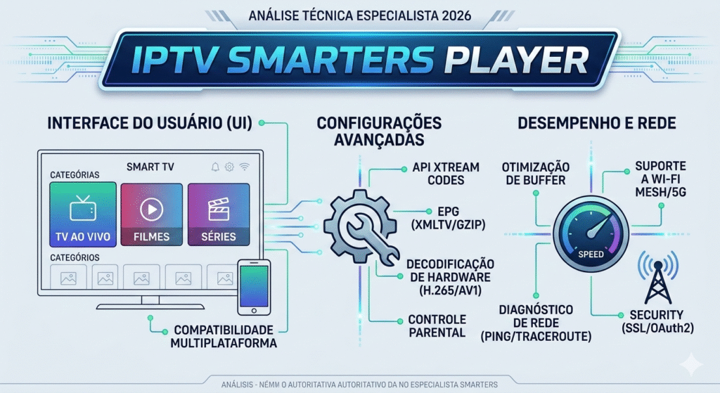 "Infográfico técnico do IPTV Smarters Player mostrando interface, configurações de rede e segurança para Smart TVs e Android."