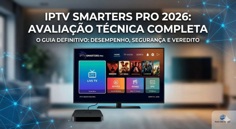 Interface do aplicativo IPTV Smarters Pro 2026 em uma Smart TV com logo da Radio Web Shalom.