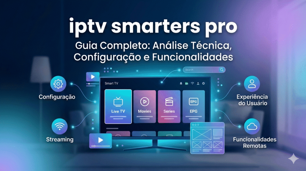 "Interface moderna do aplicativo IPTV Smarters Pro em uma Smart TV 4K, destacando ícones de configuração, streaming e guia de programação EPG em um ambiente tecnológico."