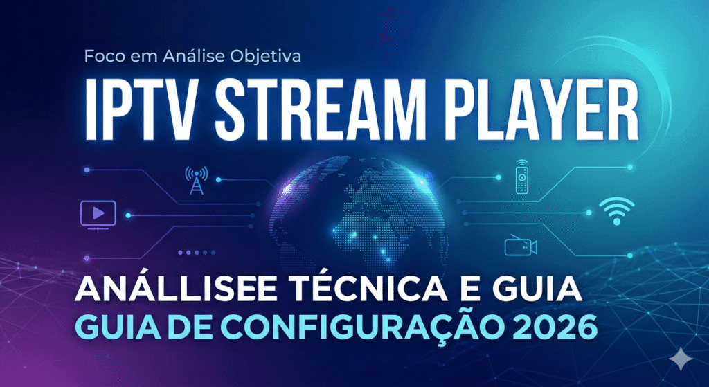 Infográfico técnico do IPTV Stream Player com elementos de conexão global e ícones de tecnologia de streaming, destacando o guia de configuração 2026.