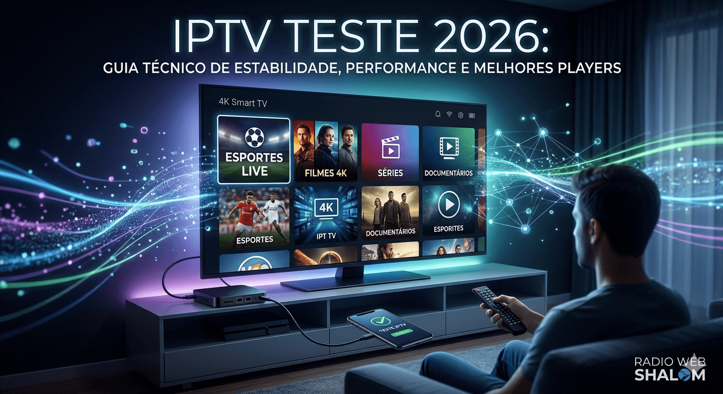 "Infográfico técnico mostrando uma Smart TV 4K conectada a um TV Box e smartphone para teste de IPTV em 2026, com gráficos de estabilidade de rede."