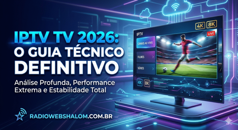 Banner de título do guia técnico definitivo sobre IPTV TV 2026 com elementos futuristas e interface de streaming.