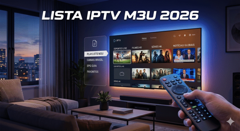Ilustração digital tecnológica representando a conectividade global de uma lista IPTV M3U 2026 com ícones de dispositivos conectados por feixes de dados.