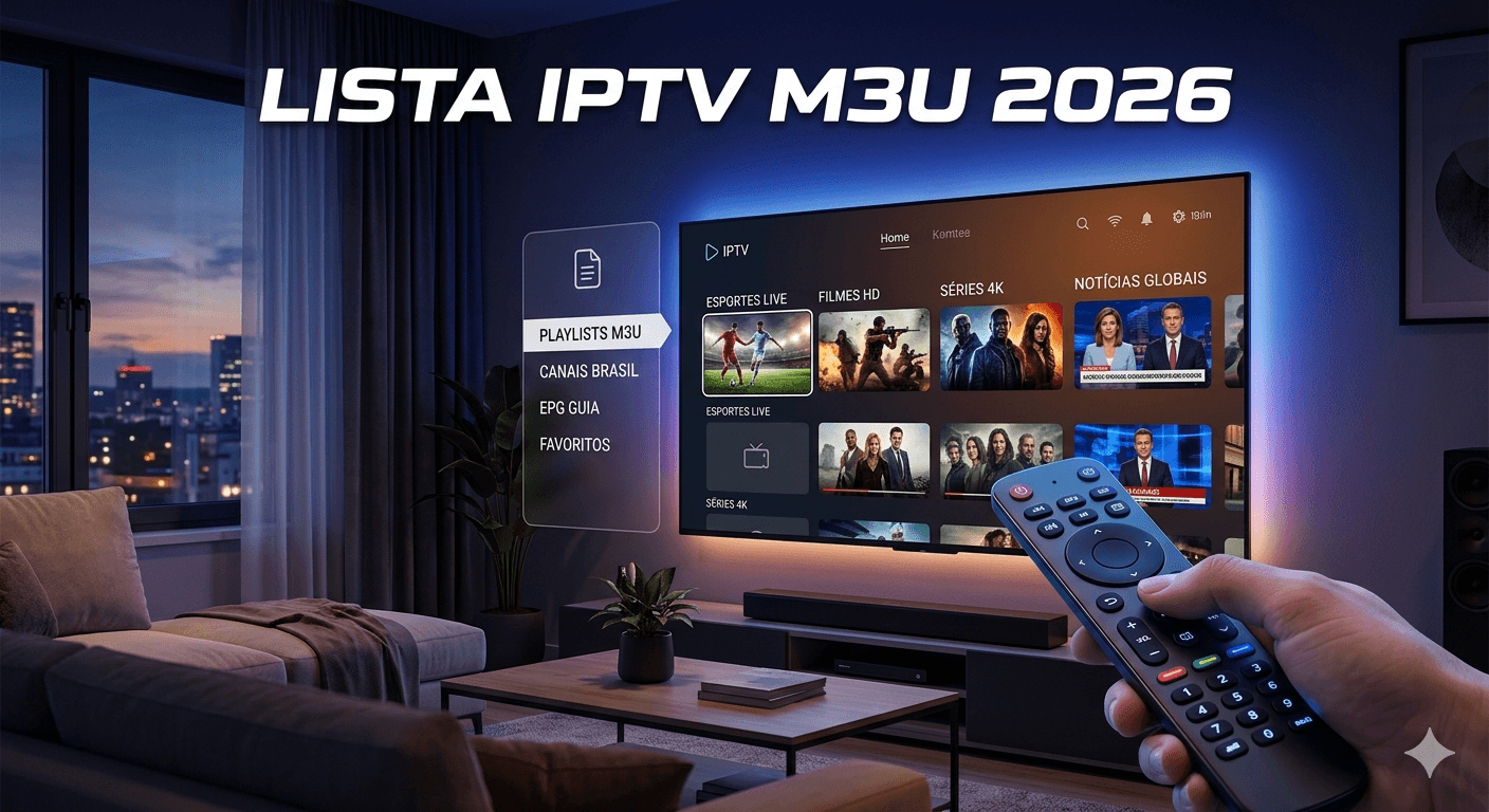 Ilustração digital tecnológica representando a conectividade global de uma lista IPTV M3U 2026 com ícones de dispositivos conectados por feixes de dados.