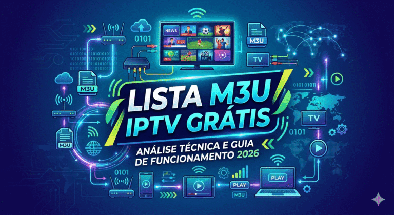 "Infográfico tecnológico sobre Lista M3U IPTV Grátis exibindo dispositivos como Smart TV, celular e notebook com ícones de streaming e conexões digitais."
