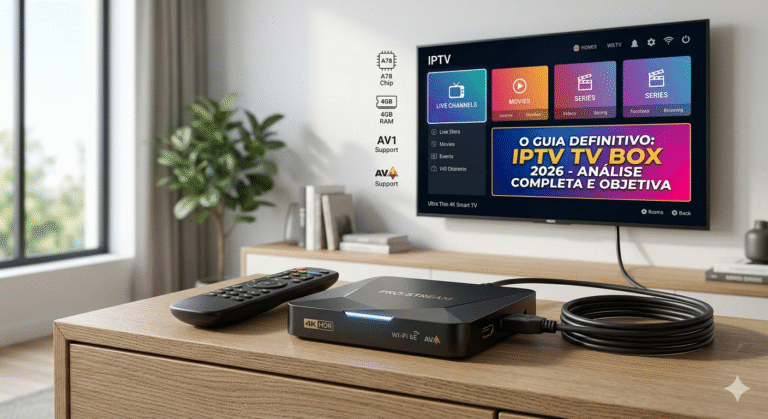 Aparelho IPTV TV Box preto com controle remoto em uma mesa de centro moderna, exibindo interface de streaming na TV ao fundo.