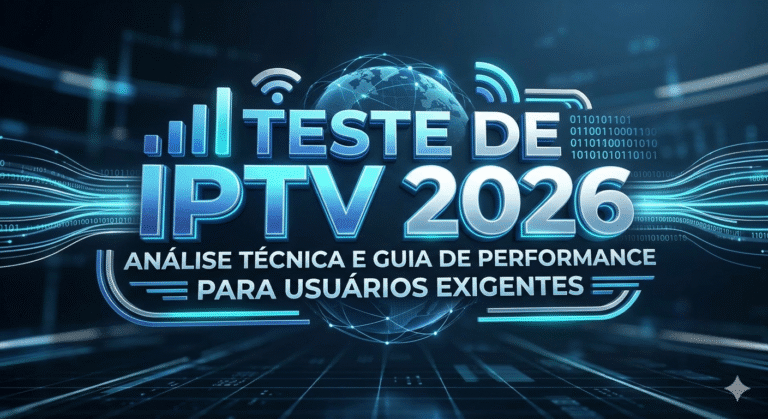 Banner tecnológico com o título Teste de IPTV 2026 Análise Técnica e Guia de Performance, exibindo elementos de conectividade e rede digital.