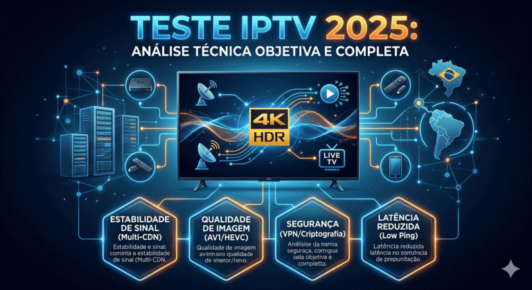 Infográfico técnico sobre teste IPTV 2025 mostrando uma central Smart TV com ícones de estabilidade de sinal Multi-CDN, qualidade de imagem AV1 HEVC, segurança e baixa latência.