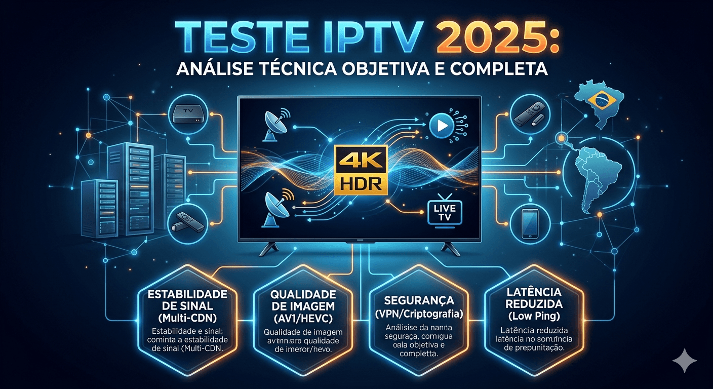 Infográfico técnico sobre teste IPTV 2025 mostrando uma central Smart TV com ícones de estabilidade de sinal Multi-CDN, qualidade de imagem AV1 HEVC, segurança e baixa latência.