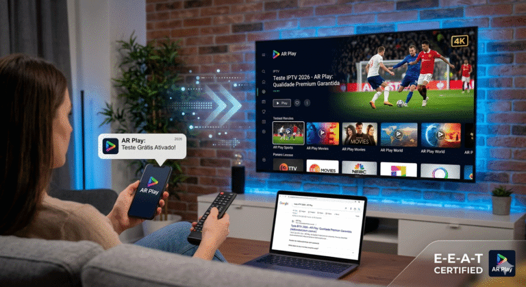 Mulher segura smartphone com notificação de teste grátis da AR Play ativado em frente a uma Smart TV exibindo futebol em 4K e interface de streaming IPTV 2026.