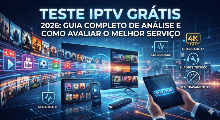 Infográfico futurista sobre teste IPTV grátis em 2026 mostrando uma Smart TV, tablet e smartphone com interface de streaming de alta tecnologia e selos de qualidade 4K e estabilidade.