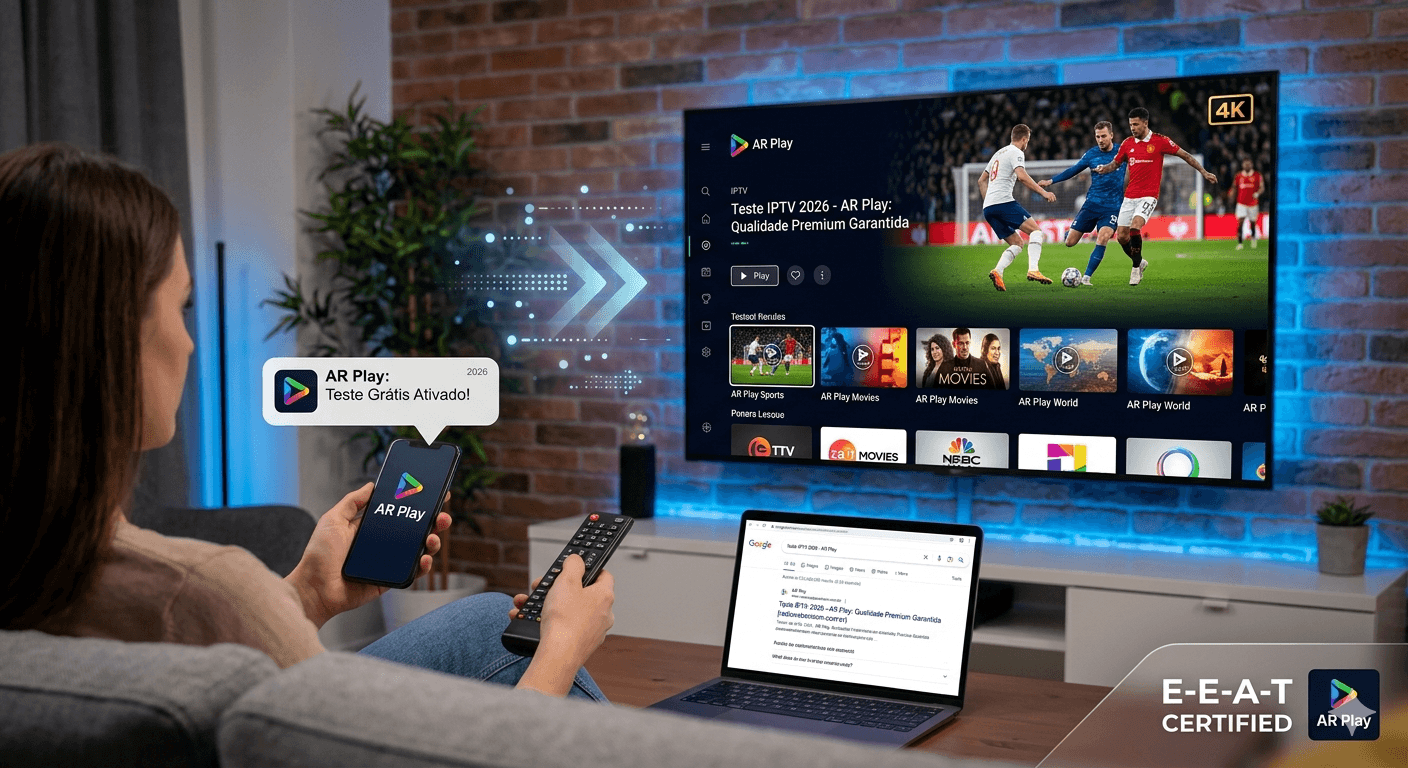 Mulher segura smartphone com notificação de teste grátis da AR Play ativado em frente a uma Smart TV exibindo futebol em 4K e interface de streaming IPTV 2026.