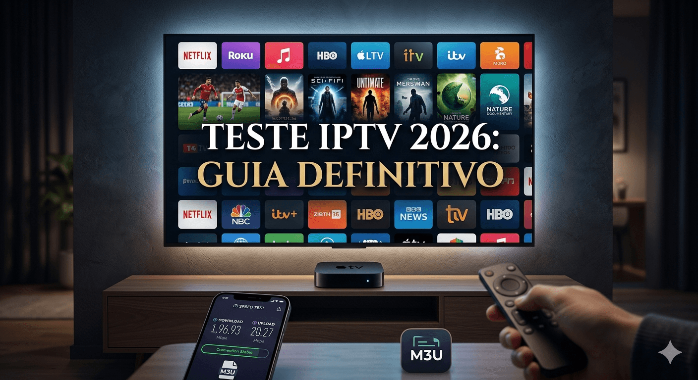 Interface de Smart TV exibindo catálogo de canais e aplicativos de streaming com smartphone realizando teste de velocidade de conexão IPTV.