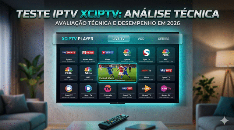 Interface do aplicativo XCIPTV Player em uma Smart TV 4K exibindo categorias de canais e filmes para análise técnica de desempenho