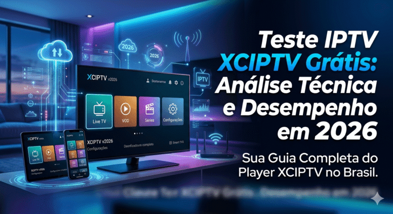 Interface do player XCIPTV v2026 exibida em uma Smart TV, tablet e smartphone, destacando os menus de Live TV e VOD em um ambiente moderno.